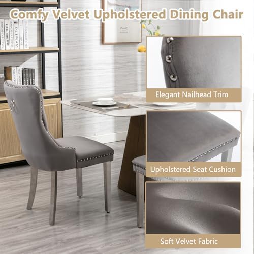 5 Piece Glass Dining Table Set Modern Glass Dining Table Set for 4, 51" Rectangular Kitchen Table and 4 Velvet Upholstered Chairs for Kitchen Dining Room, Silver Table & Grey Chair