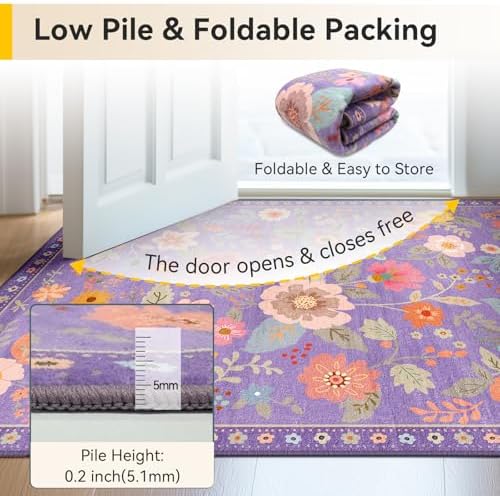 RELEANY Floral Washable 8x10 Area Rugs Purple/Pink