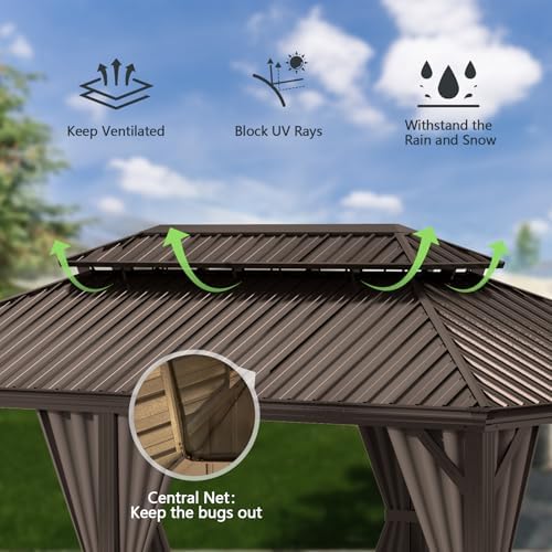 Domi 12'X18' Gazebo, Hardtop Gazebo for Patio with Drainage System, Brown