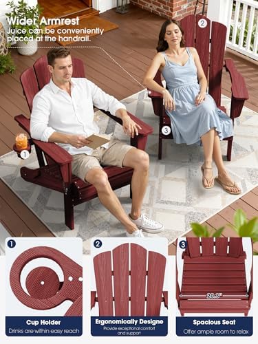 KINGYES Folding Adirondack Chair Set of 2 with Cup Holder, Red
