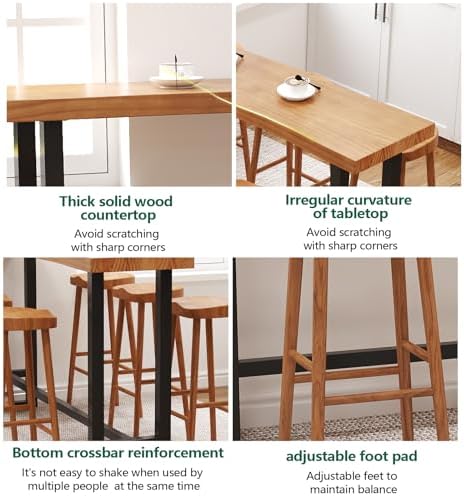 47in Solid Wood Live Edge Bar Table - Bar Height Pub Table with Built-in Footrest, Solid Wood Top & Sturdy Metal Legs for Kitchen, Dining & Bistro Spaces