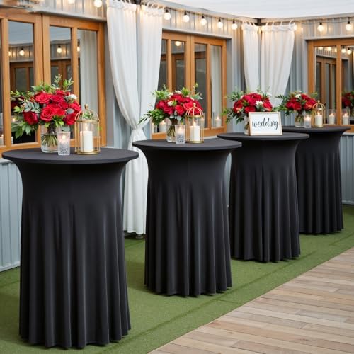 2 pk Black Cocktail Table Cloth Round 32×43in-High Top Highboy Bar Cocktail Tablecloths-Wrinkle Free Stretchy Fitted Spandex Table Covers with Ruffle Desk Skirt for Wedding Banquet Party Tables