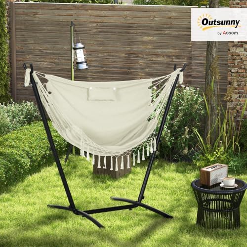 Outsunny Patio Hammock Chair with Stand Side Pocket Headrest Cream White
