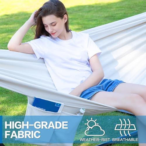 PNAEUT Double Hammock with Stand for Outside, Heavy-Duty, Portable (Beige)
