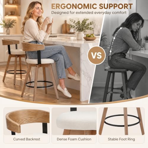DUOMAY Swivel Bar Stools Set of 1, 26" Counter Height Counter Stool with Footrest Modern Wood Barstool with Linen Upholstered Seat for Kitchen Island Home Bar, White