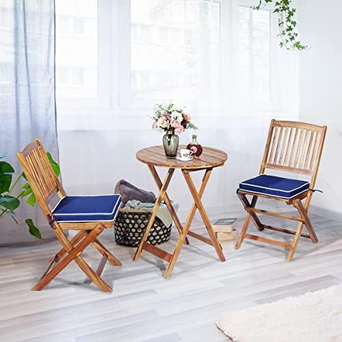 ORALNER 3-Piece Acacia Wood Folding Patio Bistro Set, Small Outdoor Balcony Furniture, Round Coffee Table and 2 Chairs with Soft Cushions, Teak Table Set for Porch, Backyard, Deck (Navy Blue)