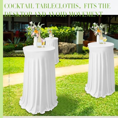 Tegeme 3 Packs Spandex Cocktail Table Cover Fitted with Skirt, White