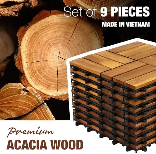 Acacia Wood Interlocking Deck Tiles, Patio & Backyard Tile, 12 in, 9 PCS