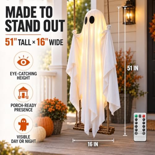Halloween Hanging Swinging Ghost, 5 FT Light Up Ghost Porch Decor with IP65 R...