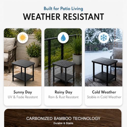 PASAMIC Outdoor Side Table, 2-Tier Square Patio Table for Indoor or Outside, Bamboo Outdoor Tables for Porch, Patio, Balcony, Backyard, Weather Resistant Adirondack End Tables, Low-Maintenance, Black