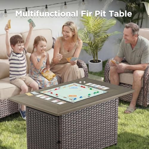 Luxury Patio Furniture Set with Fire Pit Table-6 Pieces All Weather Outdoor Swivel Rocker Chairs with Sofa and Ottomans. Outdoors Patio Conversation Sets for Porch Deck Garden Backyard(Brown/Beige)