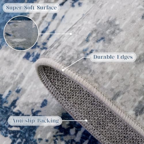 8x10 Area Rug for Living Room, Washable Modern Abstract Large Rug, Soft Low Pile Non Slip Indoor Floor Carpet for Bedroom Dining Room Home Office, Blue Grey