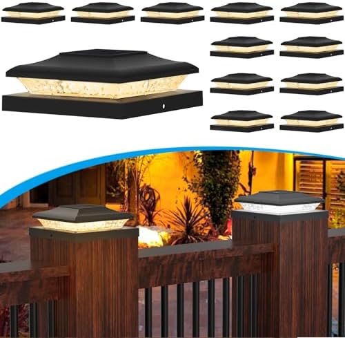 Black Solar Post Cap Lights, Fits 5x5 5.5x5.5 6x6 Posts, 12 Pack