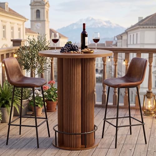Round Bar Table 39.37" H Wood Fluted Bistro Pub Table (Walnut)