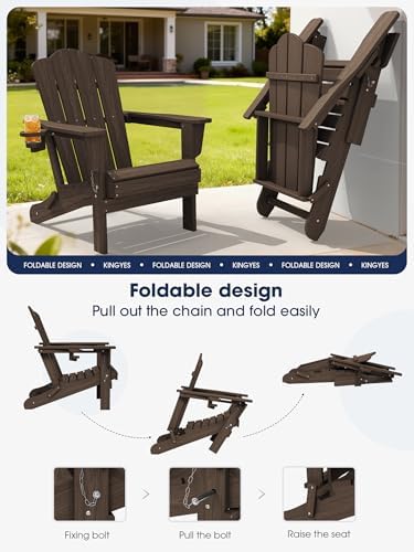 KINGYES Folding Adirondack Chair Set of 2 with Cup Holder, Coffee