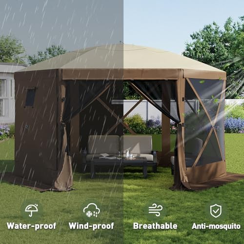 Aoxun 12x12ft Pop Up Canopy Tent, Camping Gazebo Screen Tent, Brown