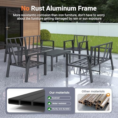 UDPATIO Aluminum Outdoor Patio Furniture Set 5 Pieces Metal Conversation Sets 7 Seat Sectional Sofa Modern Seating Set with Coffee Table for Outdoor Garden Backyard, Dark Grey