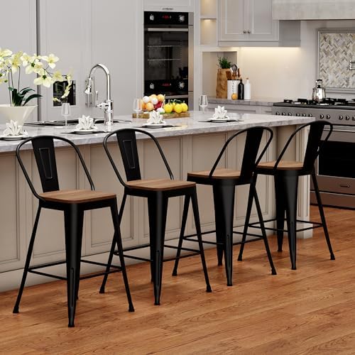Metal Bar Stools Set of 4, 30" Black Bar Height Stools with Back