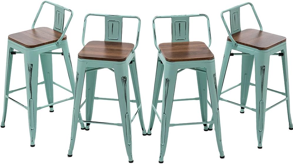 Andeworld Bar Stools Set of 4, 26" Distressed Barstools, Green Blue