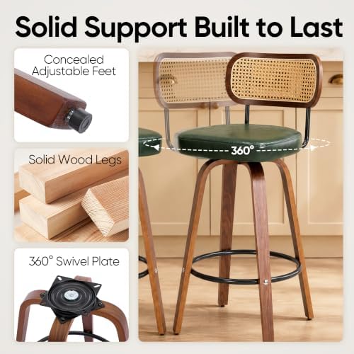 Rattan Bar Stools Set of 2,Upholstered PU Leather, 30''Counter Height Barstools with Back and Wood Legs,360°Swivel,Mid-Century Modern Bar Stool for Kitchen Island Dining Room and Bar(Vintage Green)