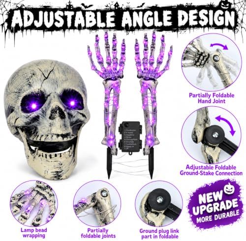Halloween Skeleton Decorations Outdoor, Light Up Skull Head & Skeleton Ha...