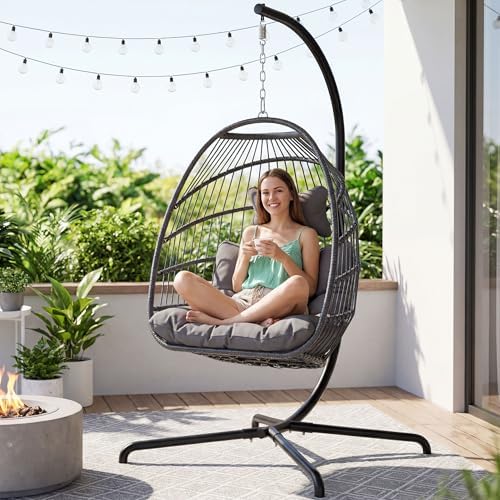 NICESOUL Swing Egg Chair with Stand Indoor Outdoor, Comfortable All Weather Wicker Patio Hanging Egg Shaped Chair with Cushions, 350lbs Capacity Hammock Chairs for Porch Balcony Bedroom, Dark Gray