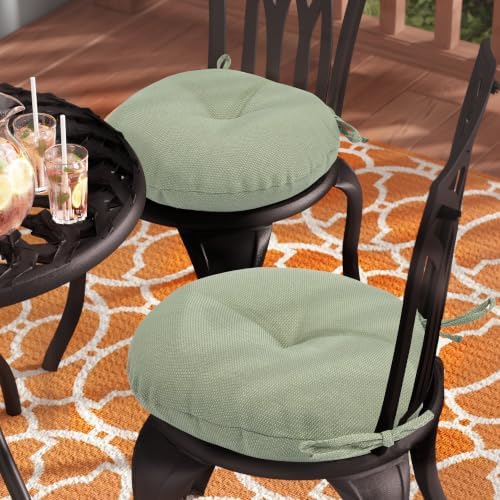 Outdoor Bistro Chair Cushion Set of 2, Waterproof Tufted Round Seat Cushion with Ties, 15"x15"x4" Patio Furniture Chair Pads for Home Garden Balcony Office-Light Green