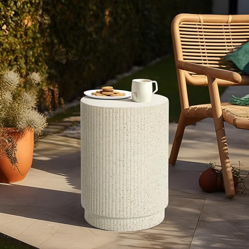 LuxenHome 18" Cement Outdoor Side Table, Cream Round End Tables for Patio