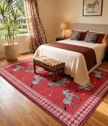 YIHOUSE Red Zebra Area Rugs 6×9, Washable Animal Print Rug with Checkered Border, Non-Slip Low Pile Mid-Century Modern Carpet for Living Room, Bedroom, Dining Room, Home Decor