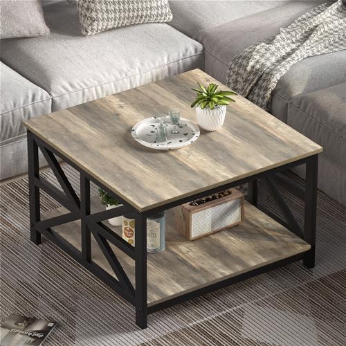 GreenForest 27.55 Inch Square Coffee Table with 2 Tier Storage