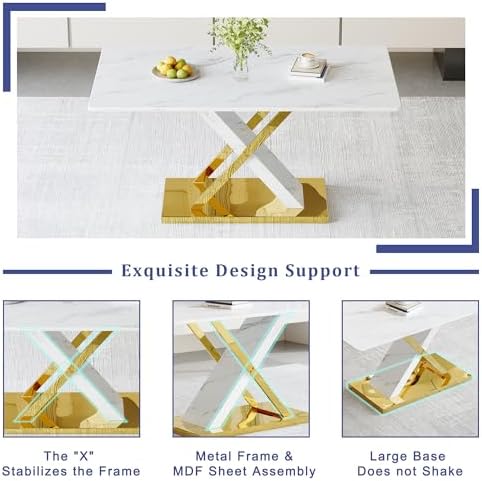 YUNDREAM Modern Marble Dining Table Set for 6,White Gold 63'' Dining Room Table with Chrome Plated X-Shaped Frame and White Leather Dining Chairs,Easy Assemble,Kitchen Table and Chairs for Dining Room
