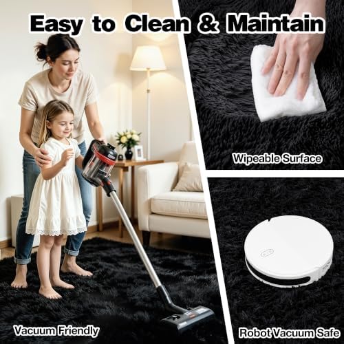 8x10 Black Area Rug for Bedroom, Living Room, Soft Fluffy Fuzzy Shag Rug