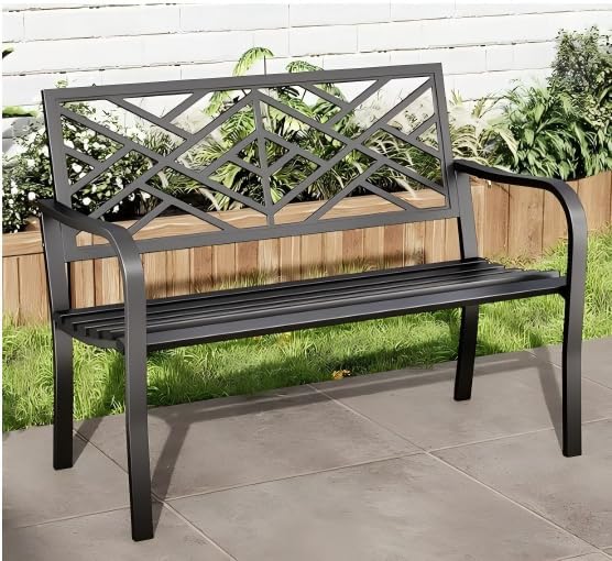 MFSTUDIO 43.7” Cast Iron Outdoor Garden Bench, Geometric Backrest, Black