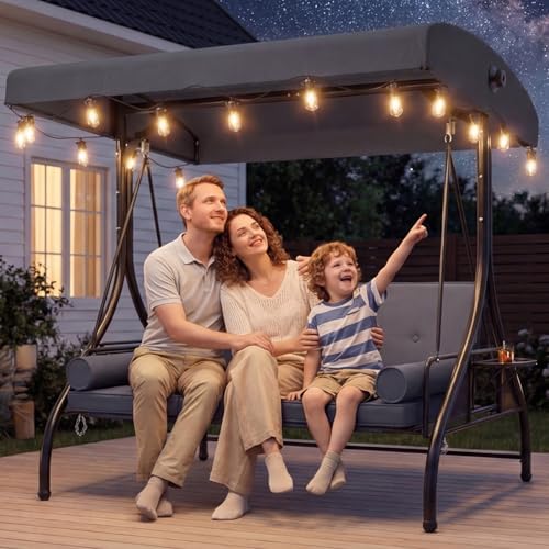Aoxun Outdoor Porch Swing with Stand and Canopy, 3 Seats Outdoor Swings for Adults, Convertible 2 in 1 Swing Bed with Cup Holder, Patio Swings with Thicken Cushions for Garden, Yard & Balcony, Grey
