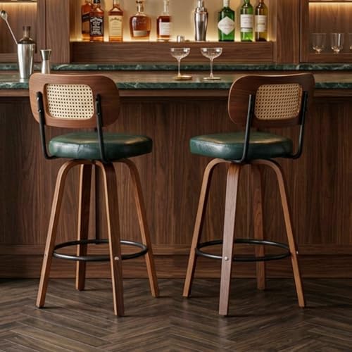 Rattan Bar Stools Set of 2,Upholstered PU Leather, 30''Counter Height Barstools with Back and Wood Legs,360°Swivel,Mid-Century Modern Bar Stool for Kitchen Island Dining Room and Bar(Vintage Green)