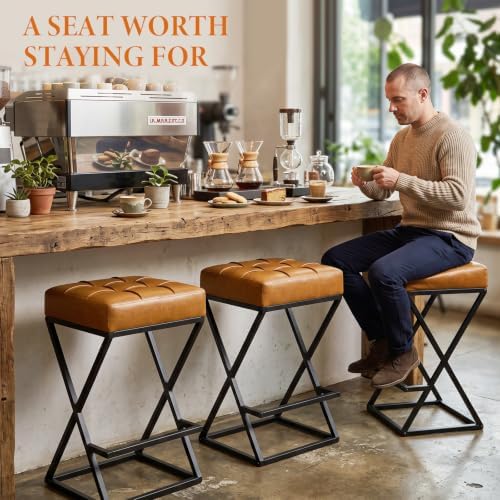 Bar Stools Set of 3, 26 Inch Counter Height Stool Faux Leather Brown