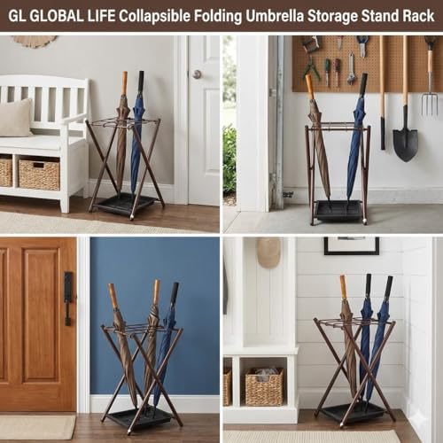 Folding Umbrella Storage Stand Rack Holder Organizer Bin for Entryway Home Commercial Office Décor with Drip Tray