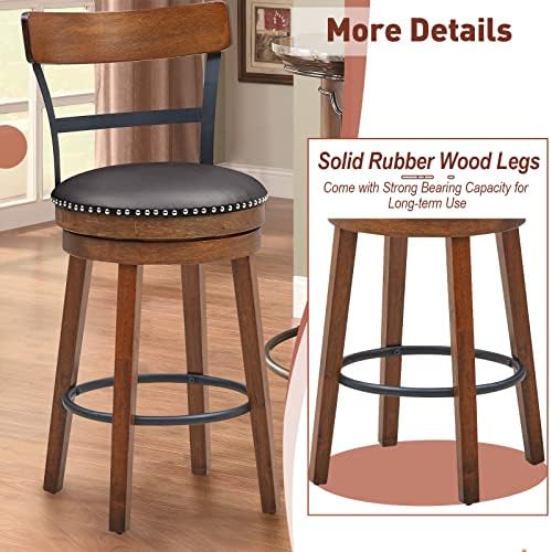GIANTEX Bar Stools Set of 2-25.5" Counter Height Swivel Rubber Wood Barstools with Soft Padded Seat Cushions, Footrests, Easy Assembly Armless Farmhouse Kitchen Island Bar Chairs with Back, Brown