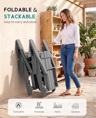 SERWALL Folding Adjustable Adirondack Chairs Set of 4, Cup Holders, Gray