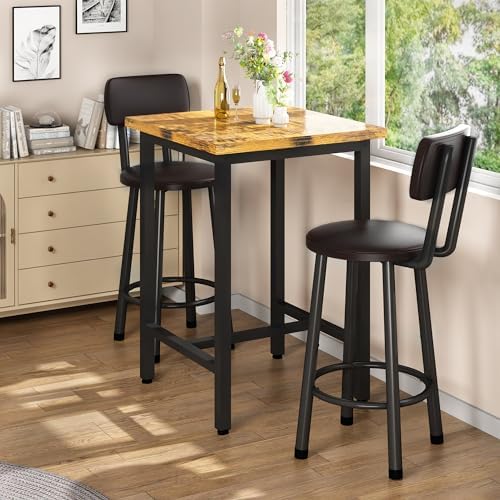 3 Piece Bar Table and Chairs Set for 2, Counter Height Square Pub Dining Set, Bar Table and Stools for 2, Wood Top Bistro Set with Backrest PU Bar Stools for Breakfast Nook Small Kitchen & Living Room