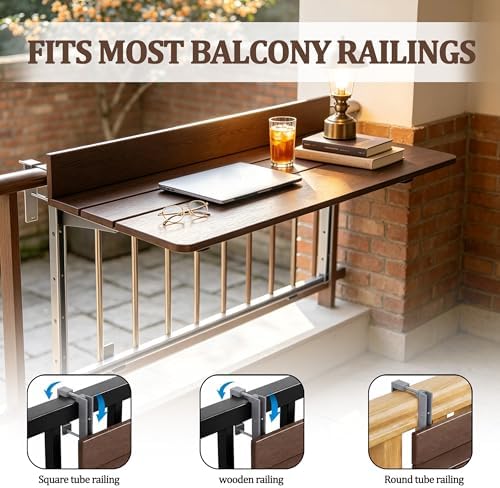 Foldable Balcony Bar Table for Railings, Folding Hanging Deck Rail Table for Small Apartment Patio,Outdoor Garden, 5-Level Adjustable Height, Rustproof,Weather Resistant, Easy Assembly