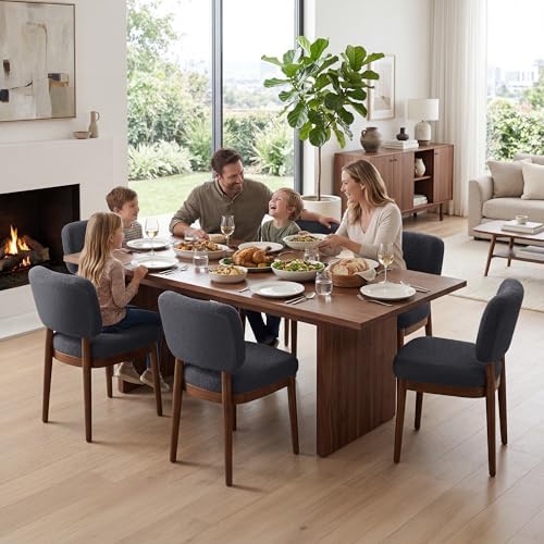 Wooden Dining Chairs Set of 6, Boucle Upholstered Kitchen Chairs with Solid Wood Legs, Mid Century Modern Dining Chairs, Farmhouse Side Chair with Hardwood Frame for Dining Room, Dark Gray