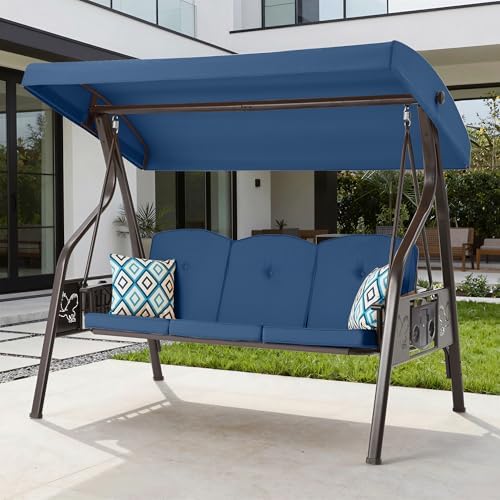 3-Seat Outdoor Porch Swing with Stand for Adults, 800lbs Convertible Swing Bed & Patio Swing with Canopy, Deep Cup Holder, Reinforced Seat, Thicken Cushions for Garden, Yard & Balcony, Blue