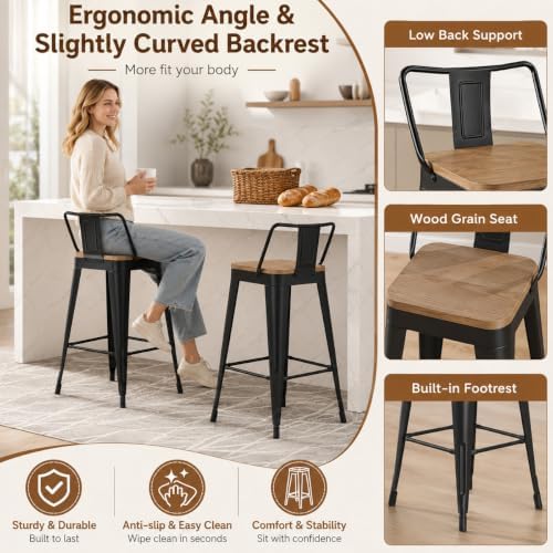 Yongchuang Metal Bar Stools Set of 4, 30" Black Bar Height Stools with Back