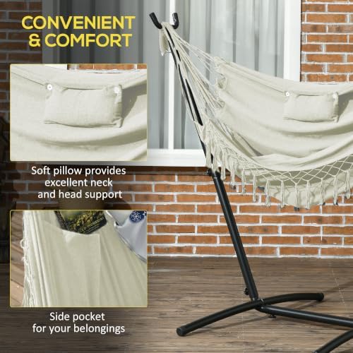 Outsunny Patio Hammock Chair with Stand Side Pocket Headrest Cream White