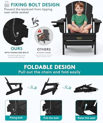 SERWALL Folding Adirondack Chair with Cup Holder Set of 2, Fire Pit - Black