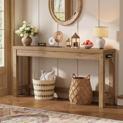 Cyclysio 63" Console Table with 2 AC Outlets & 3 USB Ports, Natural Oak