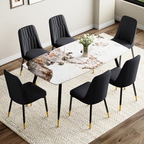 7 Piece Dining Table Set, Dinner Table Set for 6, Sintered Stone Kitchen Table Top and Modern Chairs Set of 6 for Kitchen Dining Room