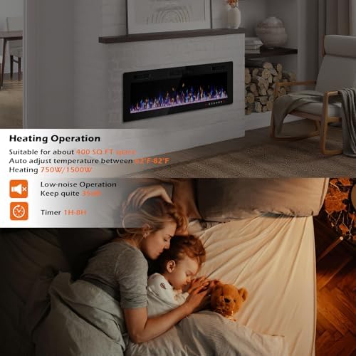 50 Inch Electric Fireplace, Ultra Thin Fire Places Electric Fireplace Inserts Recessed and Wall Mounted with Remote Control & Button Panel, 750W/1500W Fireplace Electric Heater with Timer, Multi-Flame