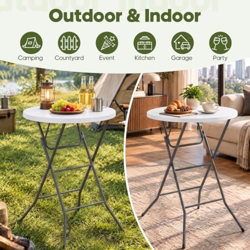 32" Round Folding Table, Portable Bar Height Folding Table with Detachable Legs, Round Foldable Table with HDPE Top for Standing Parties, Balcony, Event, Indoor Outdoor Use (White, 2 Pack)